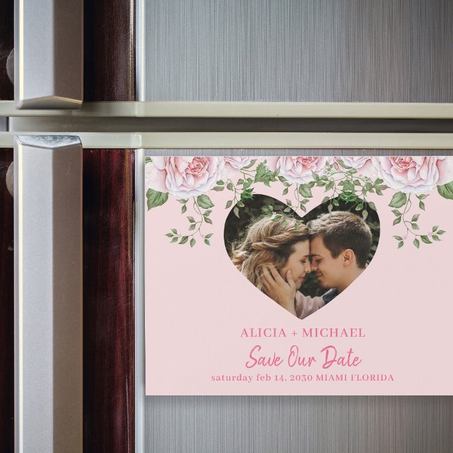 Heart photo pink roses wedding save the date magnetic invitation (Creator Uploaded)
