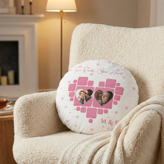 Heart Photo with Custom Pictures & Monogram Round Cushion