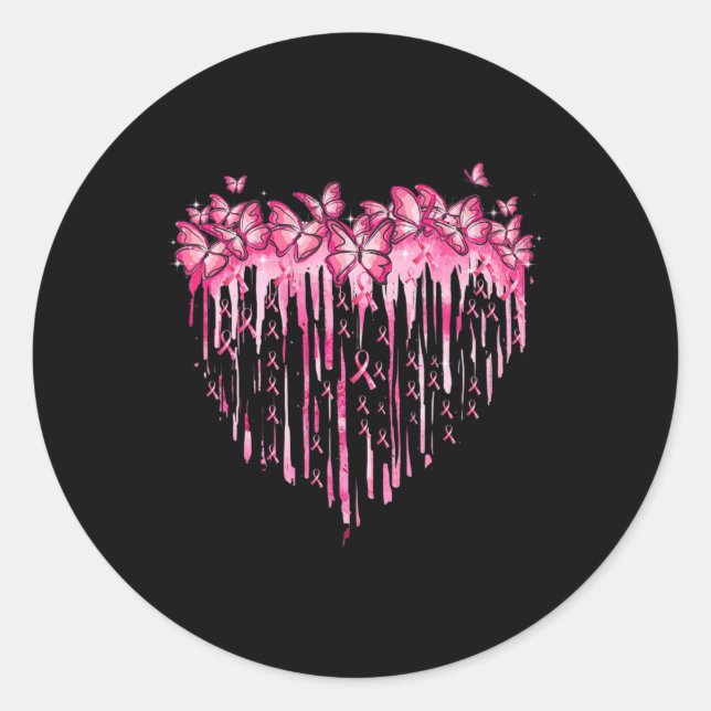 Heart Pink Ribbon Butterflies Breast Cancer Awaren Classic Round Sticker (Front)