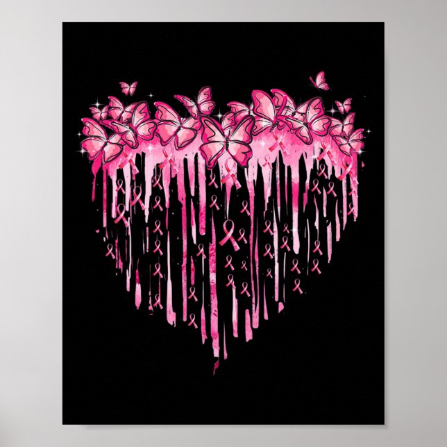 Heart Pink Ribbon Butterflies Breast Cancer Awaren Poster (Front)