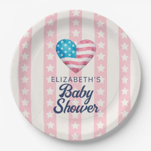 Heart & Pink Stars Stripes Girl Baby Shower Paper Plate