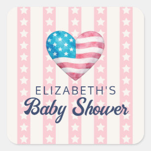 Heart & Pink Stars Stripes Girl Baby Shower Square Sticker