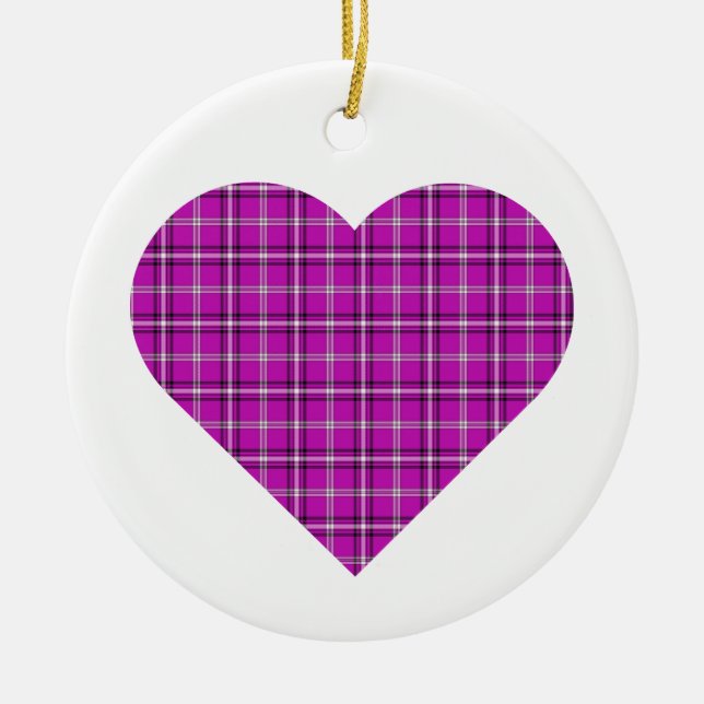 Heart Plaid Pink Purple Black Ceramic Ornament (Front)