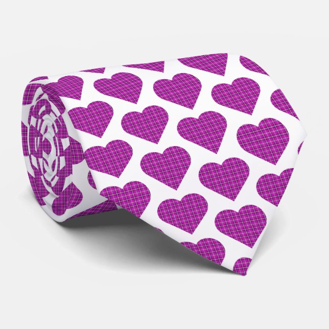 Heart Plaid Pink Purple Black Neck Tie (Rolled)