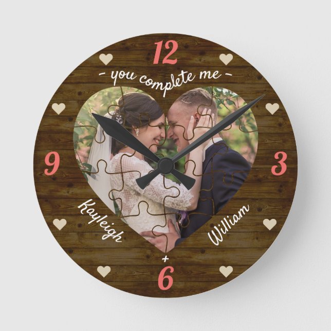 Heart Puzzle Wedding Photo Rustic You Complete Me Round Clock (Front)