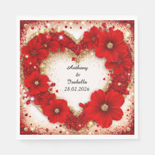 🌸 Heart Red Floral Monogram Name Engagement Party Napkin