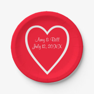 Heart Red White Wedding Custom Paper Plates 7"