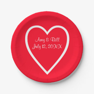 Heart Red White Wedding Custom Paper Plates 7"