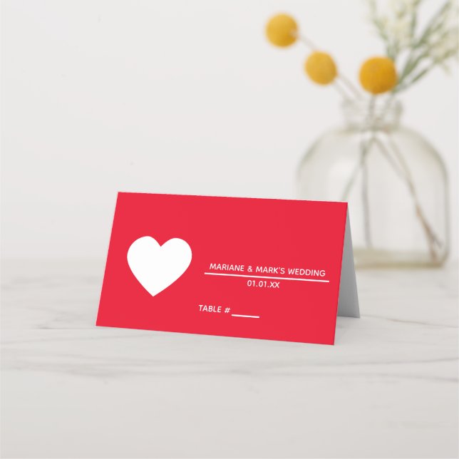 Heart Red White Wedding Table Place Card (Front)