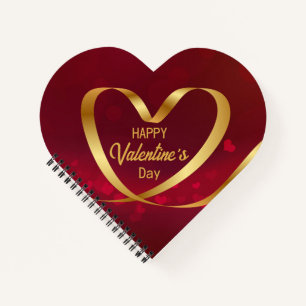 Heart Ribbon Gold Happy Valentine's Day Red Notebook