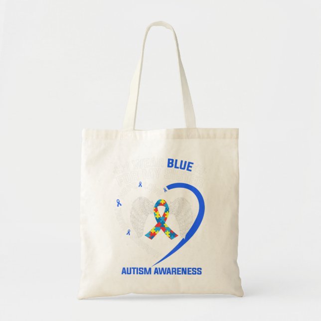 Heart Ribbon I Wear Blue For My Sister Autism Awar Tote Bag (Front)