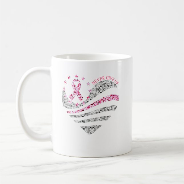 Heart Ribon Breast Cancer Never Give Up Coffee Mug (Left)