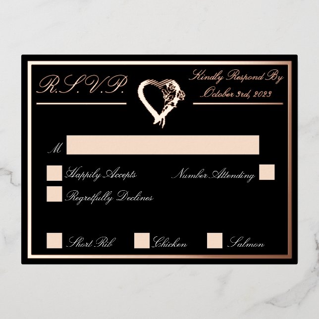 Heart & Roses, Black Wedding RSVP Rose Gold Foil Invitation Postcard (Front)