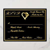 Heart & Roses, Formal Black Wedding RSVP Gold Full