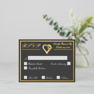 Heart & Roses, Grey Wedding RSVP Gold Foil Invitation Postcard