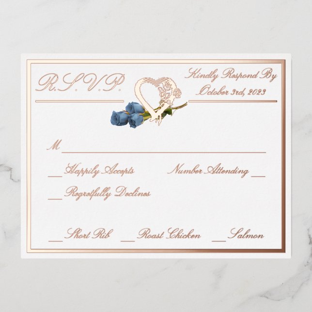 Heart & Roses, White Wedding RSVP Rose Gold Full Foil Invitation Postcard (Front)