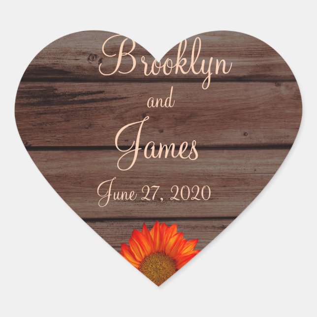 Heart Rustic Wedding Stickers Orange Sunflower (Front)