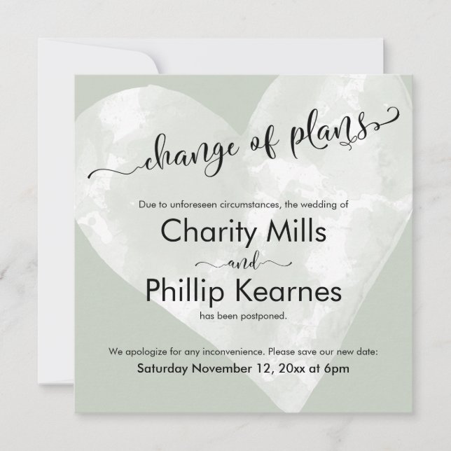 Heart Sage Green Postponed Wedding Change of Plans (Front)