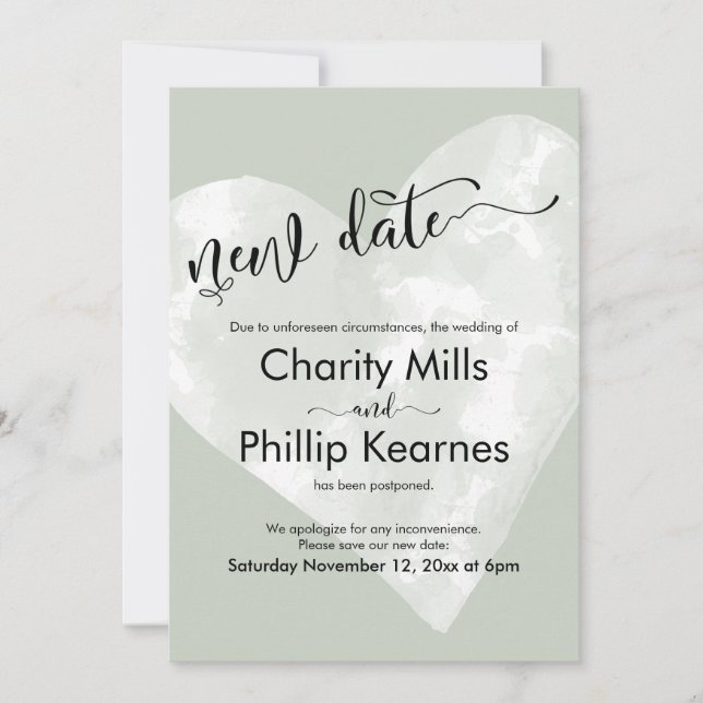 Heart Sage Green Postponed Wedding New Date Card (Front)