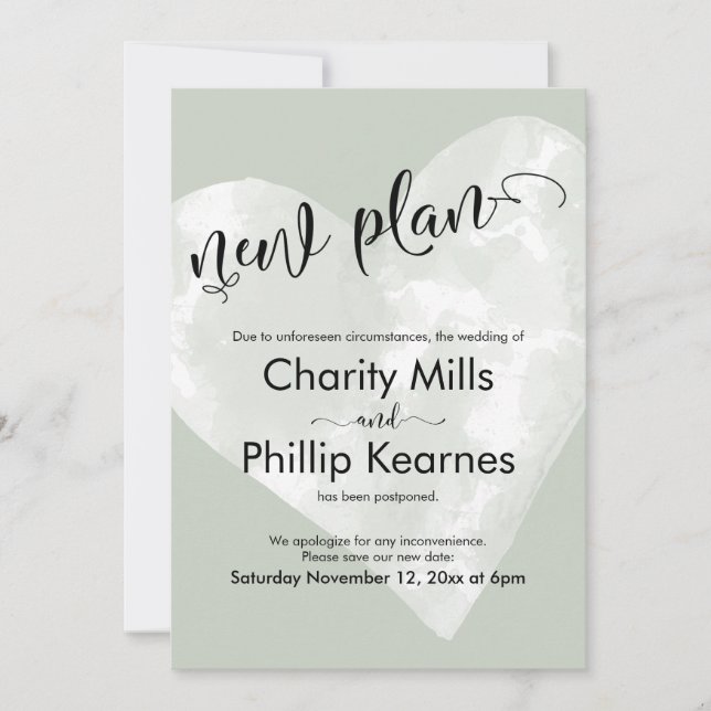 Heart Sage Green Postponed Wedding New Plan Card (Front)
