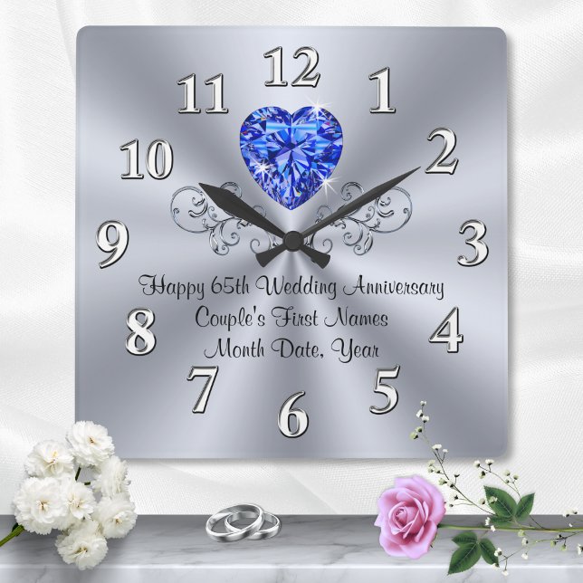 Heart Sapphire 65th Wedding Anniversary Gift Ideas Square Wall Clock (65th wedding anniversary gift ideas for parents. 65th wedding anniversary gifts for grandparents.)