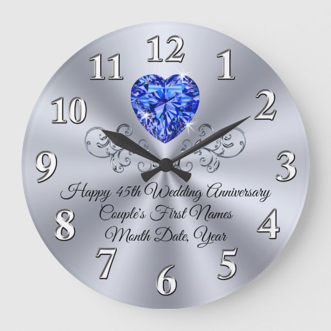 Heart Sapphire Happy 45th Wedding Anniversary Gift Large Clock (Front)