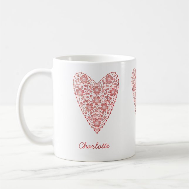 Heart Scandinavian Personalised Red White Coffee Mug (Left)