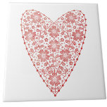 Heart Scandinavian Red White Ceramic Tile<br><div class="desc">Scandinavian folk style modern floral heart design in red and white.  Original art by Nic Squirrell.</div>