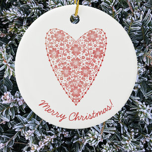 Heart Scandinavian Red White Christmas Ceramic Ornament