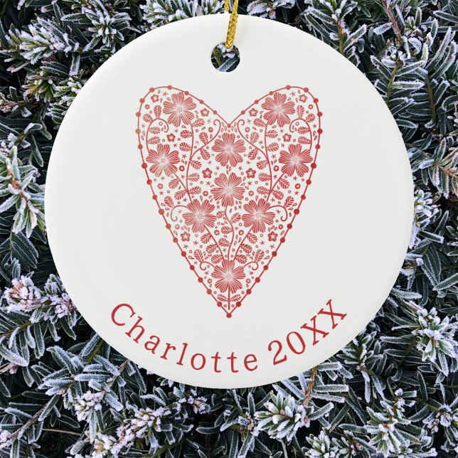Heart Scandinavian Red White Personalised Ceramic Ornament (Personalized name date Scandinavian red and white heart Christmas ornament)