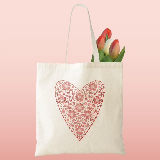 Heart Scandinavian Red White Tote Bag (Scandinavian floral heart red and white tote bag)