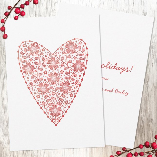 Heart Scandinavian Red White Winter Holiday Card (Scandinavian folk style red and white floral heart Christmas note cards with custom text and names)
