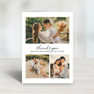 Heart Script 3 Photo Collage Wedding Thank You Card