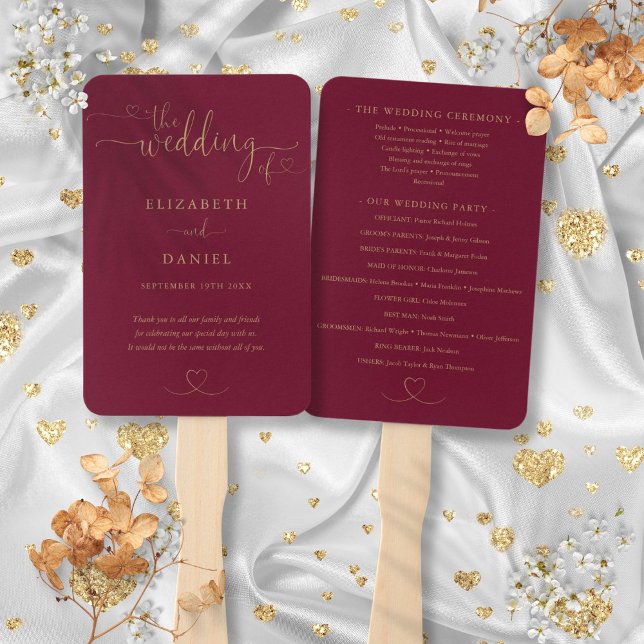 Heart Script Burgundy And Gold Wedding Program Hand Fan (Heart Script Burgundy And Gold Wedding Program Hand Fan)