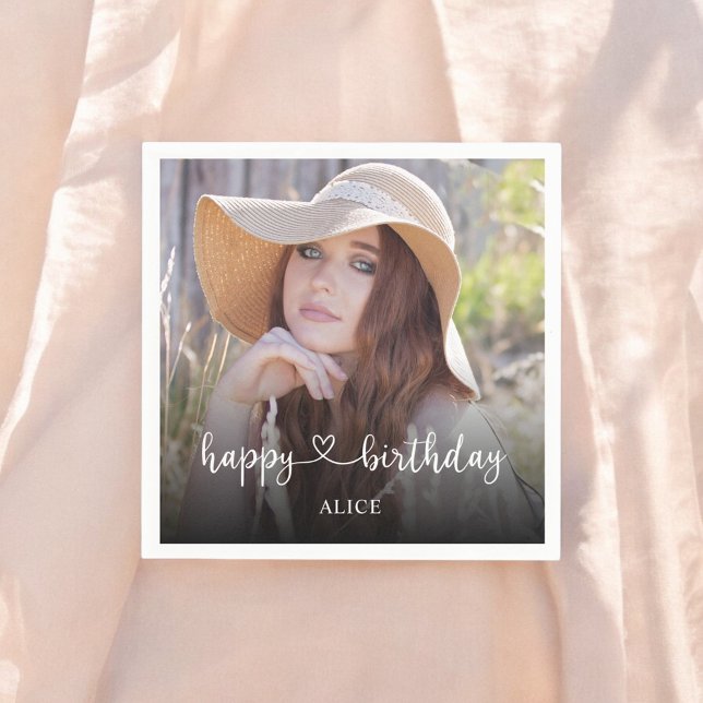 Heart Script Calligraphy Photo Happy Birthday Napkin (Creator Uploaded)