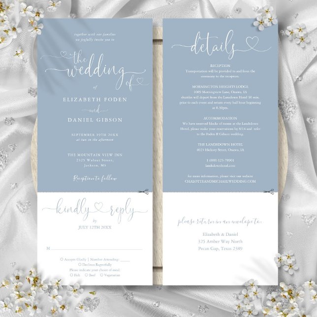 Heart Script Dusty Blue All In One Wedding Invitation (Heart Script Dusty Blue All In One Wedding Invitation)