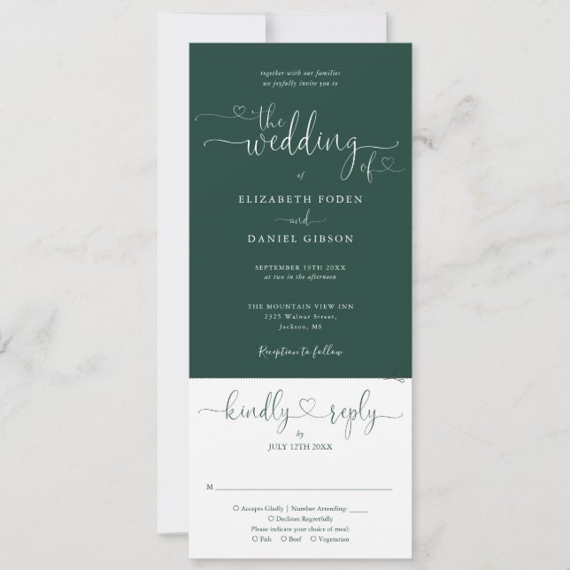 Heart Script Emerald Green All In One Wedding Invitation (Front)