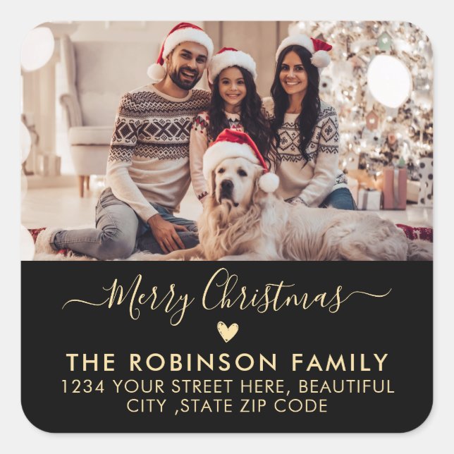 Heart Script Family Photo Christmas Return Address Square Sticker (Front)