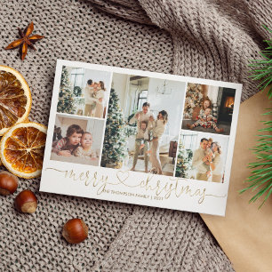 Heart Script Gold Merry Christmas 5 Photo Holiday Card
