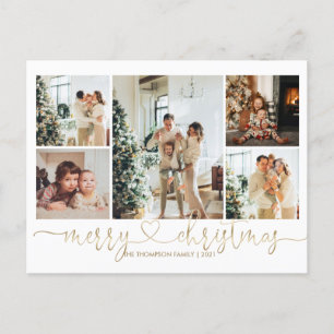 Heart Script Gold Merry Christmas 5 Photo Holiday Postcard