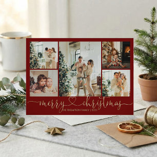 Heart Script Gold Red Merry Christmas 5 Photo Holiday Card