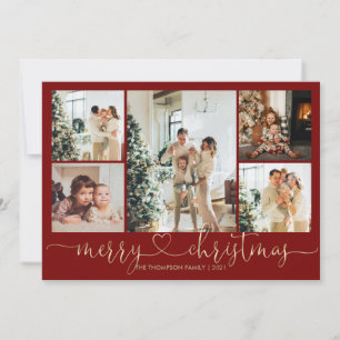 Heart Script Gold Red Merry Christmas 5 Photo Holiday Card