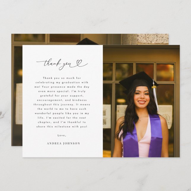 Heart Script Minimalist 2 Photo Graduation Party Thank You Card (Front/Back)