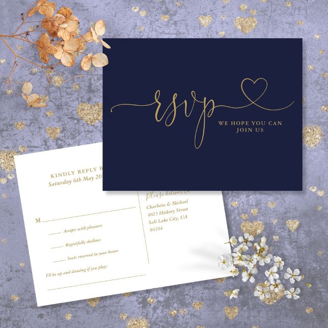 Heart Script Navy Blue And Gold Song Request Invitation Postcard (Heart Script Navy Blue And Gold Song Request Invitation Postcard)