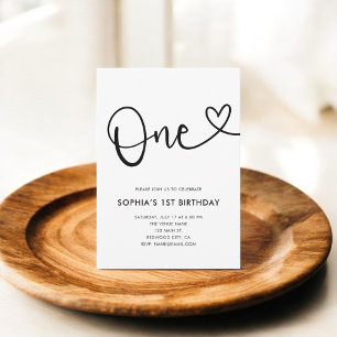 Heart Script Photo 1st Birthday Invitation
