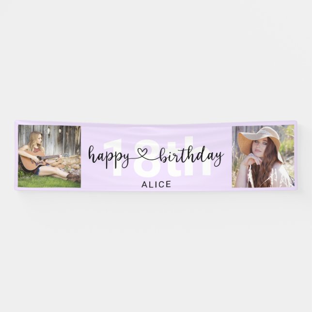 Heart Script Photo Birthday Pastel Purple Banner (Horizontal)