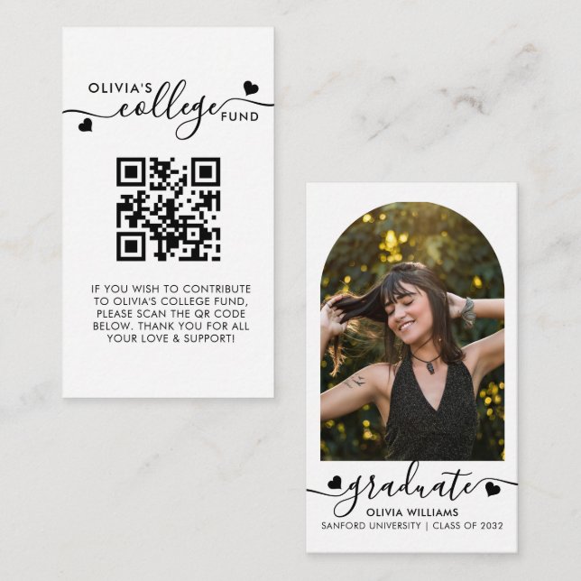 Heart Script QR Code College Fund Arch Photo Grad Enclosure Card (Front/Back)