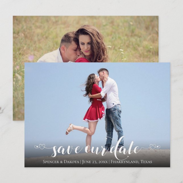 Heart Script Save the Date | White Modern 2 Photo (Front/Back)
