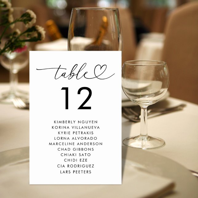 Heart Script Seating Chart Names Minimal Wedding Table Number (Creator Uploaded)
