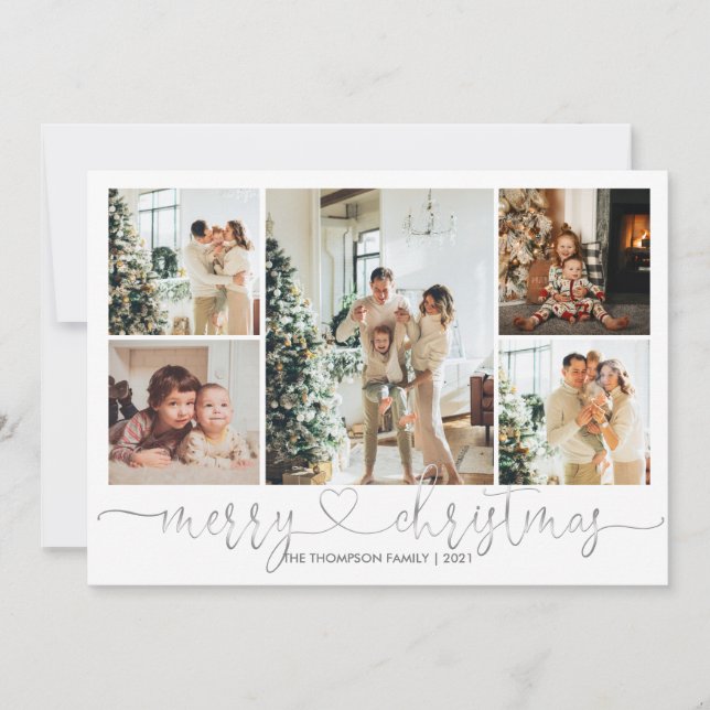 Heart Script Silver Grey Merry Christmas 5 Photo Holiday Card (Front)